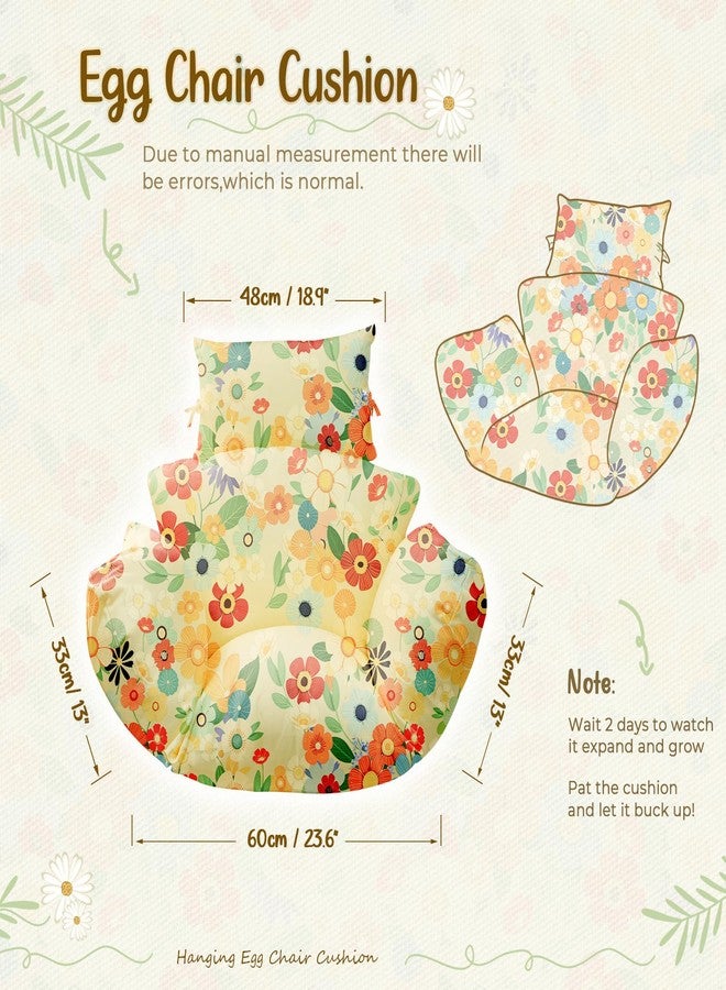 Uthem Waterproof Egg Chair Cushion Replacement 47x31.5x4.7 inch Thicken Hanging Egg Swing Chair Cushion Indoor Outdoor Wicker Rattan Hammock Basket Cushion with Headrest Pillow, Daisy - Image 2