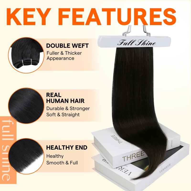 Full Shine Sew In Hair Extensions Real Human Hair Black Weft Hair Extensions Human Hair Sew In Extensions Double Weft Color Jet Black Human Hair Bundles 22Inch 105G - Image 2