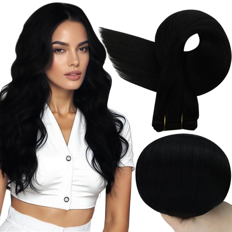 Full Shine Sew In Hair Extensions Real Human Hair Black Weft Hair Extensions Human Hair Sew In Extensions Double Weft Color Jet Black Human Hair Bundles 22Inch 105G - Image 1