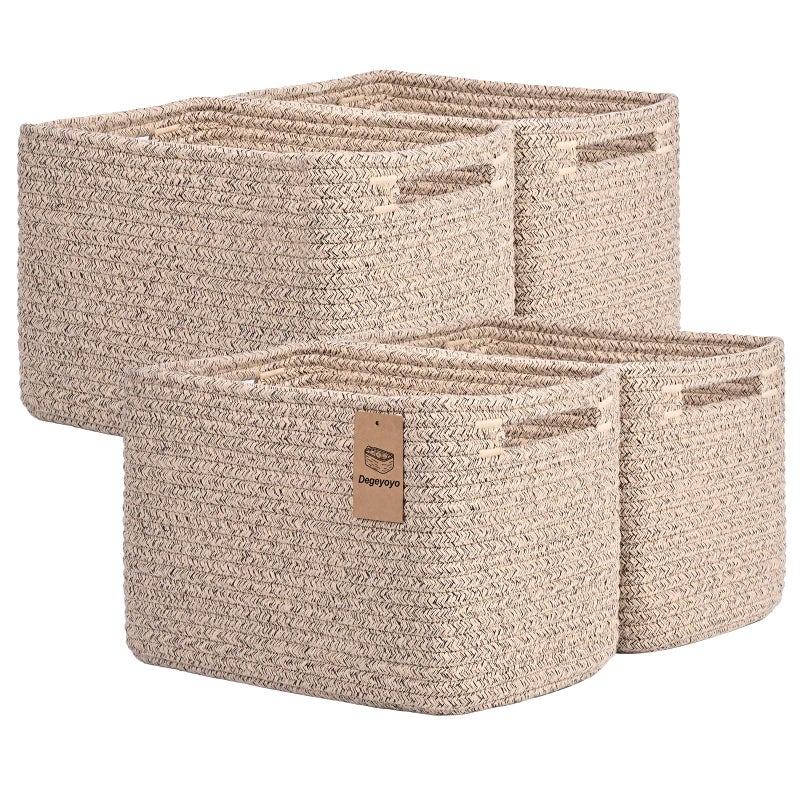 Degeyoyo Storage Baskets for Organizing, 4 Pack Baskets for Shelves, Decorative Storage Bins for Shelves, Cotton Rope Storage Basket with Handles, Woven Basket for Storage, 13''Lx8.7''Wx7.9''H, Brown - Image 1