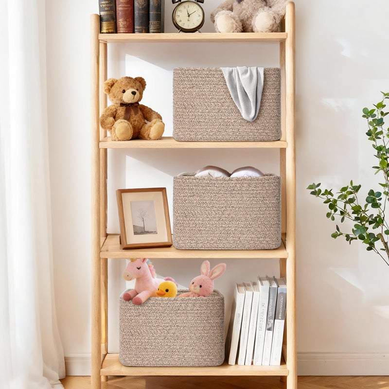 Degeyoyo Storage Baskets for Organizing, 4 Pack Baskets for Shelves, Decorative Storage Bins for Shelves, Cotton Rope Storage Basket with Handles, Woven Basket for Storage, 13''Lx8.7''Wx7.9''H, Brown - Image 2