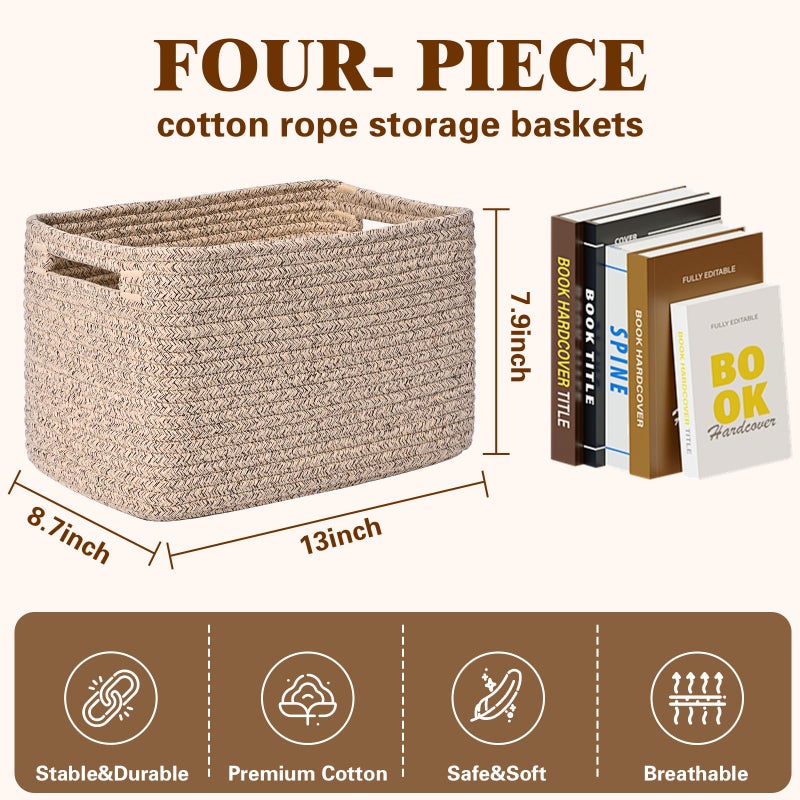 Degeyoyo Storage Baskets for Organizing, 4 Pack Baskets for Shelves, Decorative Storage Bins for Shelves, Cotton Rope Storage Basket with Handles, Woven Basket for Storage, 13''Lx8.7''Wx7.9''H, Brown - Image 3
