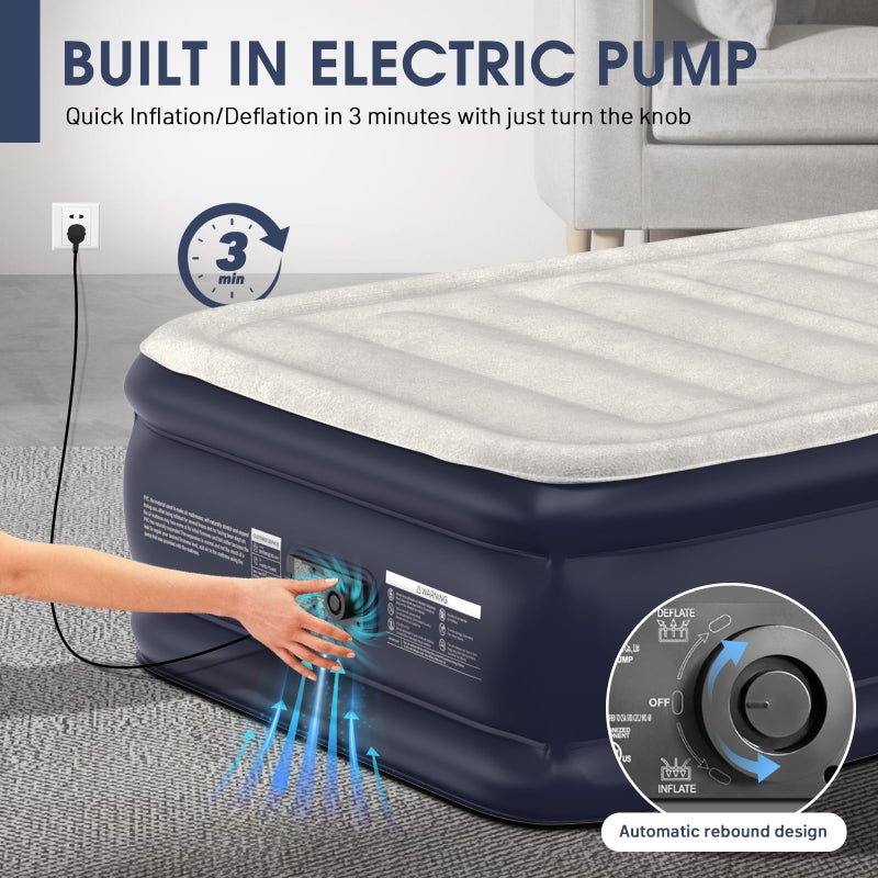 DIVON Twin Air Mattress with Built-in Pump,18''Raised Blow Up Mattress 2 Mins Self Inflation/Deflation,Upgraded Thicker Inflatable Mattressï¼ŒFlocked Top Air Bed with Storage Bag for Guests,Homeï¼ŒCamping - Image 5