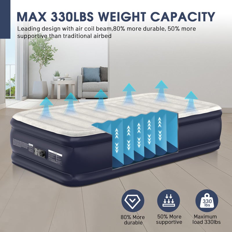 DIVON Twin Air Mattress with Built-in Pump,18''Raised Blow Up Mattress 2 Mins Self Inflation/Deflation,Upgraded Thicker Inflatable Mattressï¼ŒFlocked Top Air Bed with Storage Bag for Guests,Homeï¼ŒCamping - Image 4