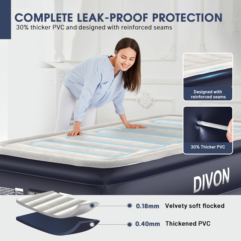 DIVON Twin Air Mattress with Built-in Pump,18''Raised Blow Up Mattress 2 Mins Self Inflation/Deflation,Upgraded Thicker Inflatable Mattressï¼ŒFlocked Top Air Bed with Storage Bag for Guests,Homeï¼ŒCamping - Image 3