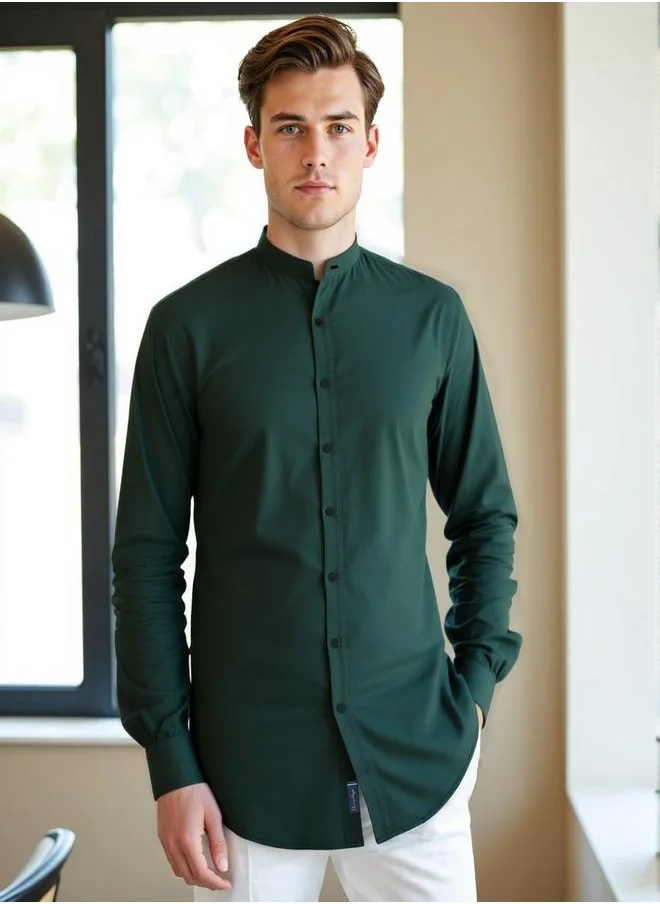 دينيس لينغو Men's Bottle Green Cotton Blend Solid Button Down Regular Fit Shirt