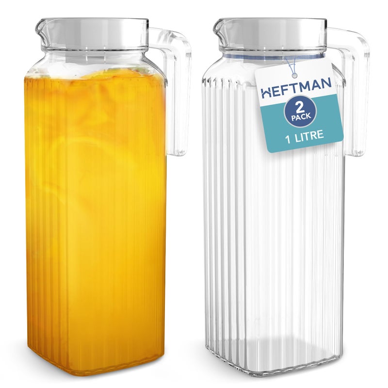 HEFTMAN Glass Water Jug for Fridge  2 Pack 1 Litre Water Jugs with Lids with Ribbed Design SpillFree Spout Vented Lid for HotCold Water Ice Tea Coffee Milk  Juice Jug Transparent Pitcher Jug