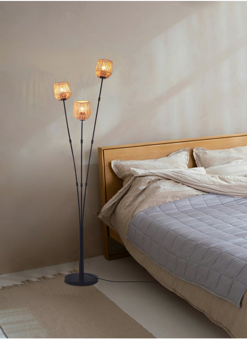 Ganeed Modern Rattan Floor Lamp, Boho 3-Bulb Vintage Floor Lampshade with Foot Switch, Industrial Tall Tree Standing 165cm Reading Lamp for Bedroom, Living Room, Office, Corner, E27 Bulbs Included  - Image 1