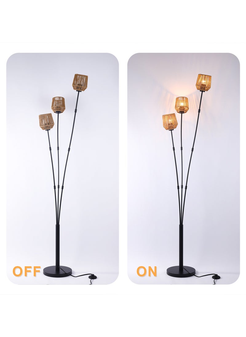 Ganeed Modern Rattan Floor Lamp, Boho 3-Bulb Vintage Floor Lampshade with Foot Switch, Industrial Tall Tree Standing 165cm Reading Lamp for Bedroom, Living Room, Office, Corner, E27 Bulbs Included  - Image 5