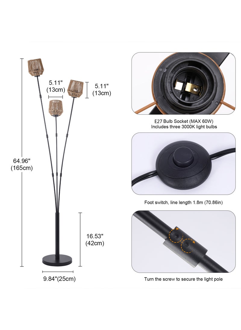 Ganeed Modern Rattan Floor Lamp, Boho 3-Bulb Vintage Floor Lampshade with Foot Switch, Industrial Tall Tree Standing 165cm Reading Lamp for Bedroom, Living Room, Office, Corner, E27 Bulbs Included  - Image 3