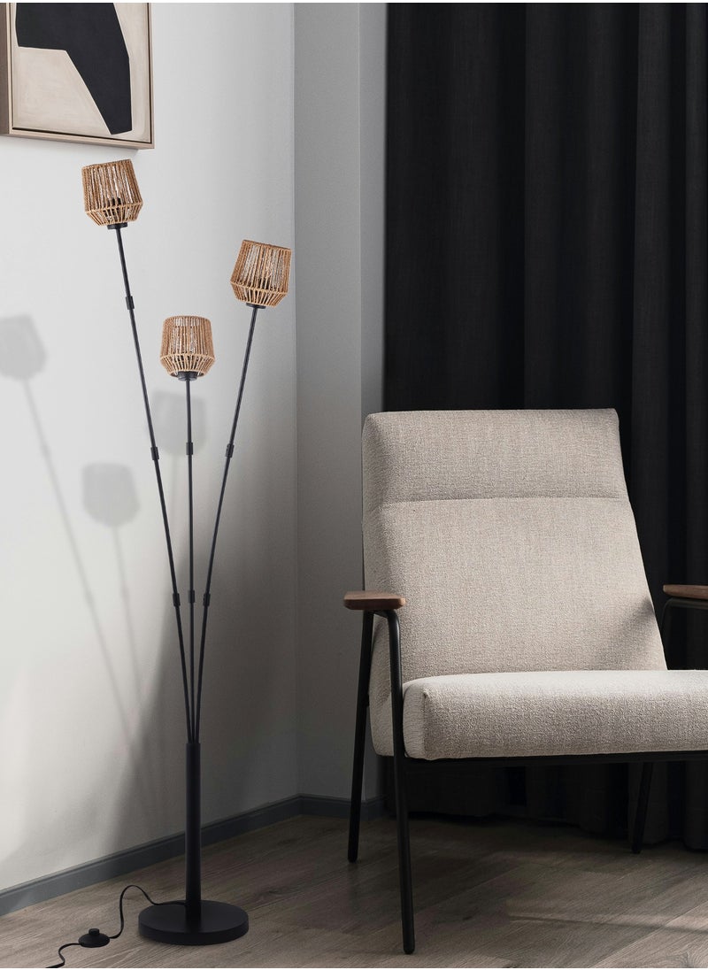 Ganeed Modern Rattan Floor Lamp, Boho 3-Bulb Vintage Floor Lampshade with Foot Switch, Industrial Tall Tree Standing 165cm Reading Lamp for Bedroom, Living Room, Office, Corner, E27 Bulbs Included  - Image 2