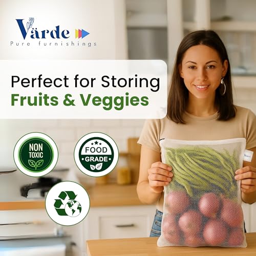 Värde Pack of 12 Pcs Reusable Fridge Storage Bags for Vegetables & Fruits | Multi-Size Dual Layer Mesh Zipper Bags | Washable, Eco-Friendly Kitchen Organizer. (4 Small, 4 Medium & 4 Large). - Image 4