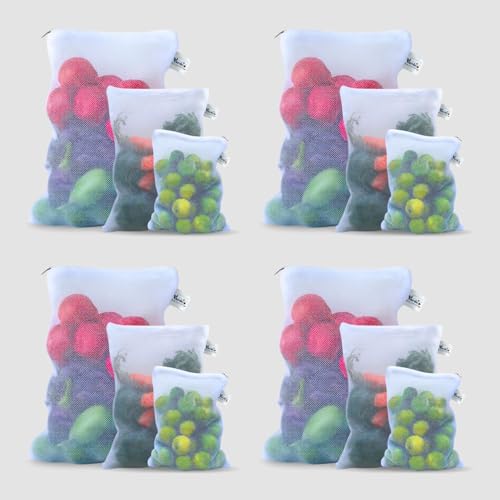 Värde Pack of 12 Pcs Reusable Fridge Storage Bags for Vegetables & Fruits | Multi-Size Dual Layer Mesh Zipper Bags | Washable, Eco-Friendly Kitchen Organizer. (4 Small, 4 Medium & 4 Large). - Image 1