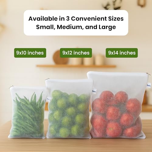 Värde Pack of 12 Pcs Reusable Fridge Storage Bags for Vegetables & Fruits | Multi-Size Dual Layer Mesh Zipper Bags | Washable, Eco-Friendly Kitchen Organizer. (4 Small, 4 Medium & 4 Large). - Image 3