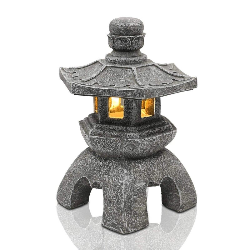 Nacome Solar Pagoda Lantern Garden StatueIndoorOutdoor Zen Asian Decor for Landscape BalconyGardenPatioPorch Yard Art OrnamentPolyresin Stone Finish