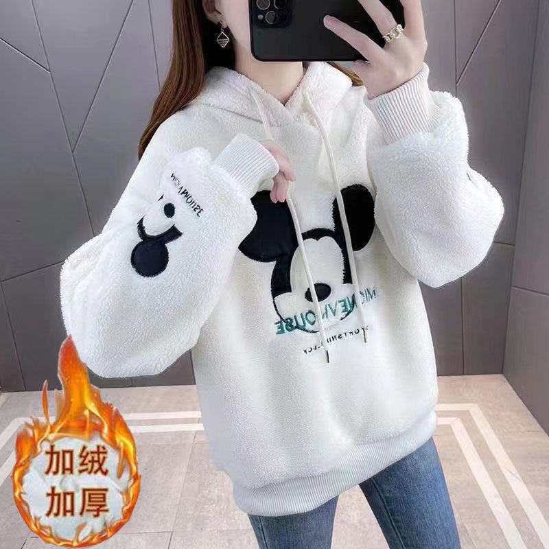 Cross-border European and American Lamb Velvet Sweatshirt Girl 2024 Autumn and Winter Loose Coat fleece-lined Thickened Hooded Long Sleeve Sweatshirt White - Image 1
