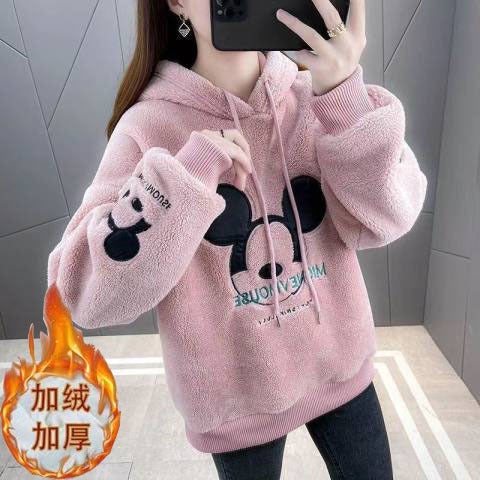 Cross-border European and American Lamb Velvet Sweatshirt Girl 2024 Autumn and Winter Loose Coat fleece-lined Thickened Hooded Long Sleeve Sweatshirt White - Image 2