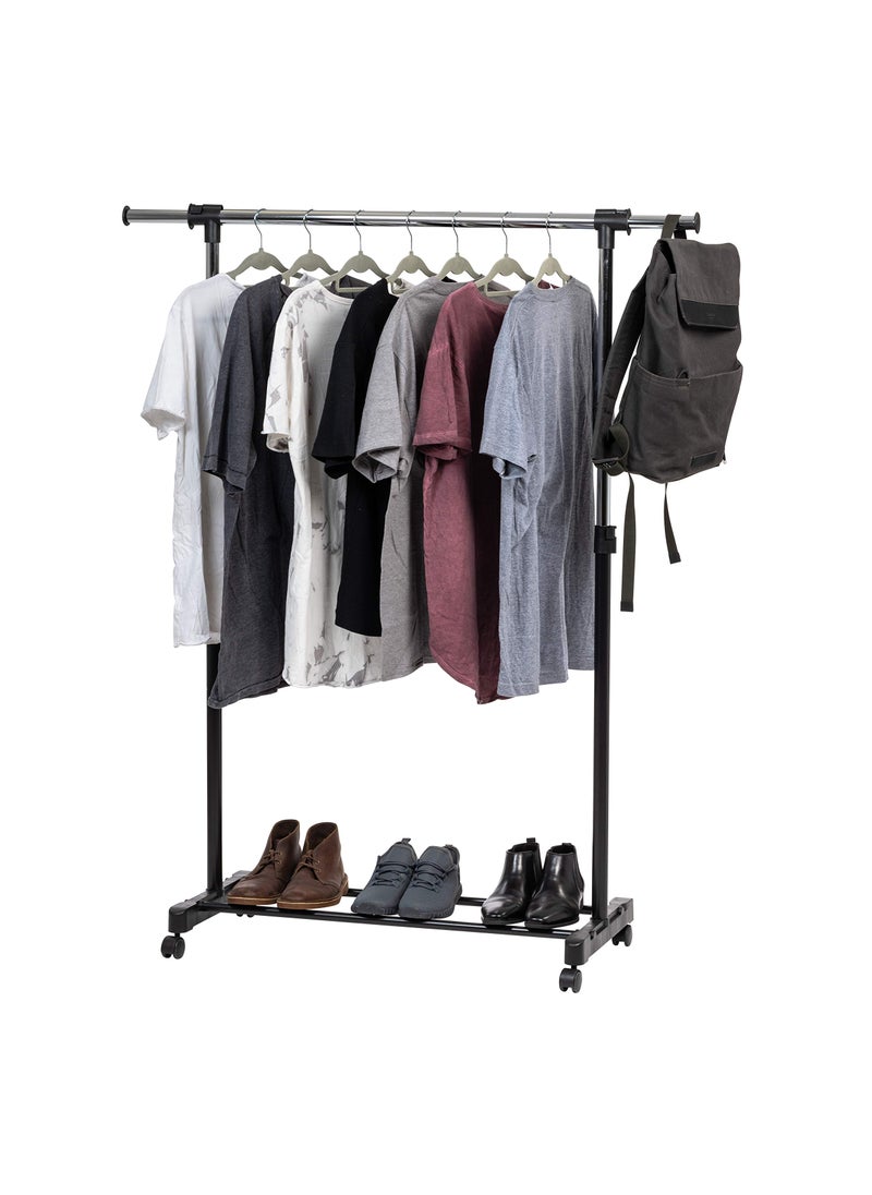 IRIS IRIS USA Portable SingleRod Height Adjustable Clothes Rack with Extendable Bar and Lockable Wheels Rolling Garment Single Rod Wardrobe Rack Easy Assemble for Clothes Belts Shoes and Bags 