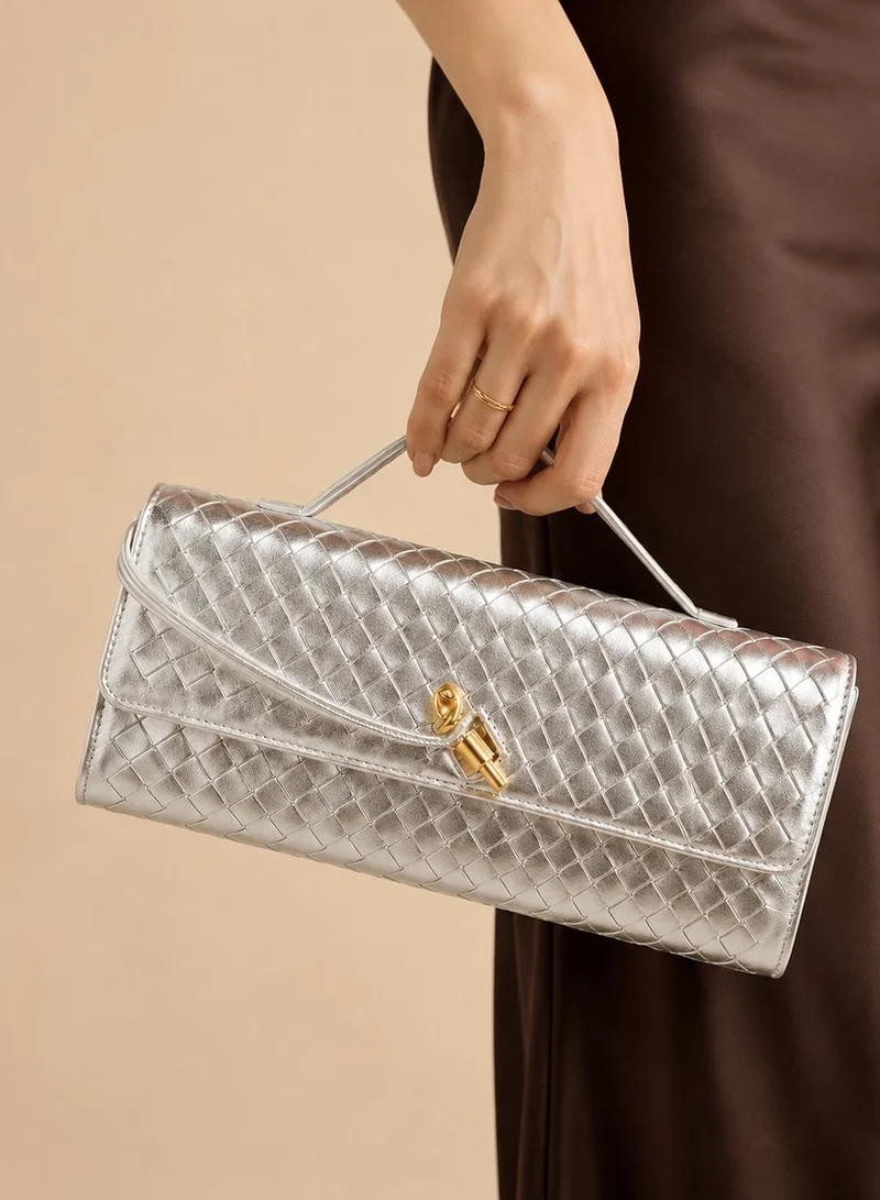 Sunfere Silver Woven Leather Clutch Bag for Women | Best Price UAE