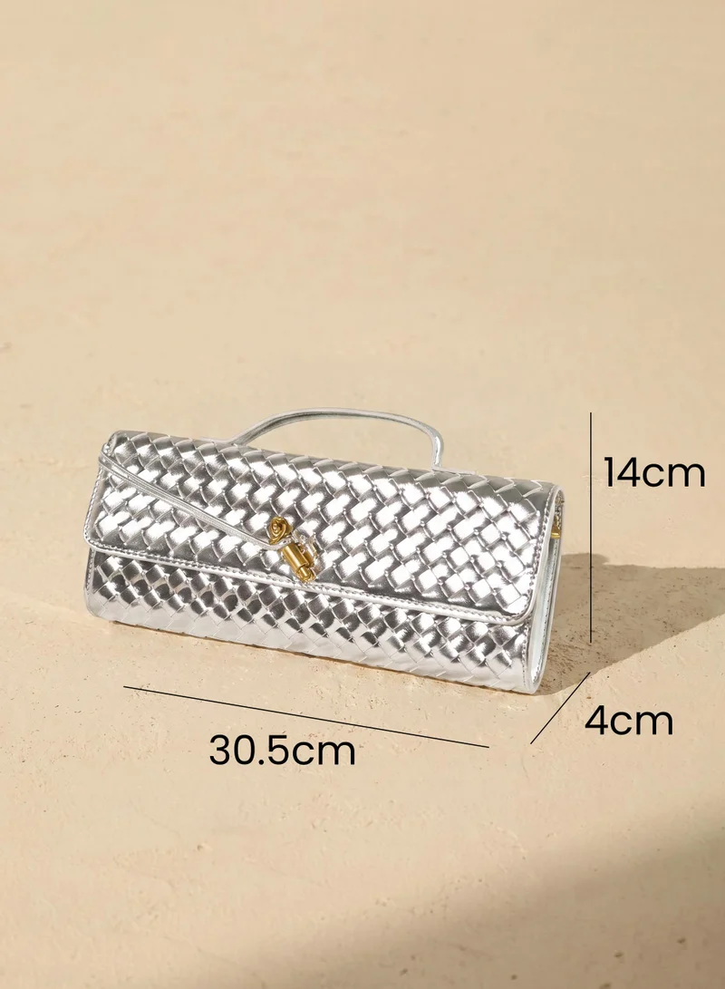 Sunfere Silver Woven Leather Clutch Bag for Women | Best Price UAE