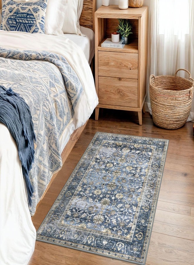 KUTA Vintage 2x3 Rugs for Entryway, Non-Slip Washable Kitchen Rugs & Indoor Door Mat with Floral Print, Blue Grey Beige Ultra Thin Soft Low-Pile Throw Rug for Front Door, Bedside, Small Spaces - Image 3