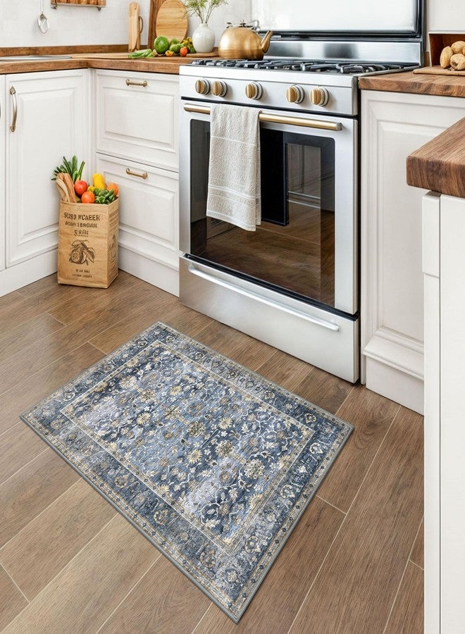 KUTA Vintage 2x3 Rugs for Entryway, Non-Slip Washable Kitchen Rugs & Indoor Door Mat with Floral Print, Blue Grey Beige Ultra Thin Soft Low-Pile Throw Rug for Front Door, Bedside, Small Spaces - Image 2