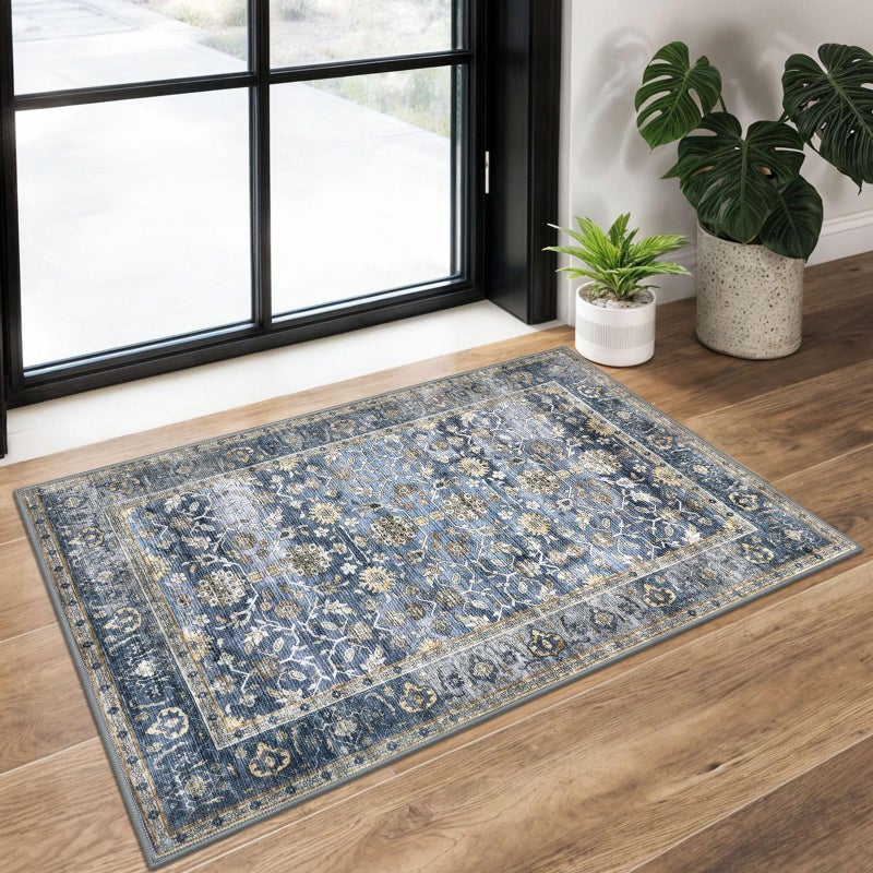 KUTA Vintage 2x3 Rugs for Entryway, Non-Slip Washable Kitchen Rugs & Indoor Door Mat with Floral Print, Blue Grey Beige Ultra Thin Soft Low-Pile Throw Rug for Front Door, Bedside, Small Spaces - Image 1