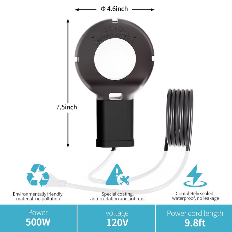 COICOTTC 2Pack 500 Watt Pond De-Icer with Thermostat, Cast Aluminum Submersible Bird Bath Heater, Heated Chicken Water, Power Cord 9.8 Ft - Image 3