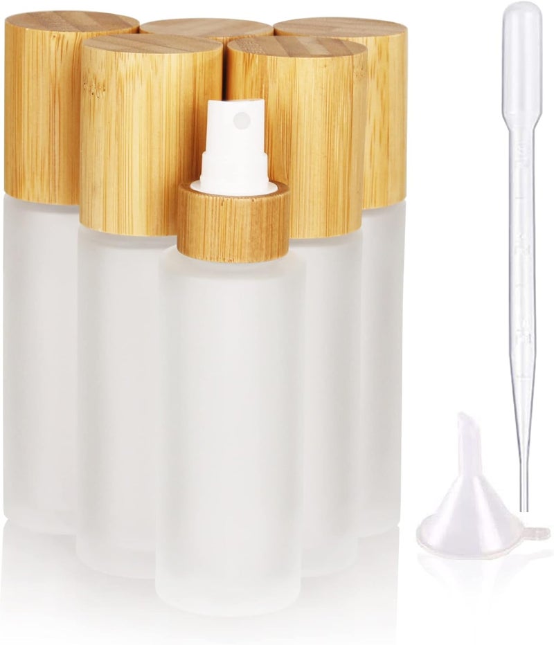 COSIDEA 6 pcs Empty 2oz /60ml bamboo lid Frosted glass spray bottle with fine mist despenser head for liquid perfume toiletries containers, toner bottles