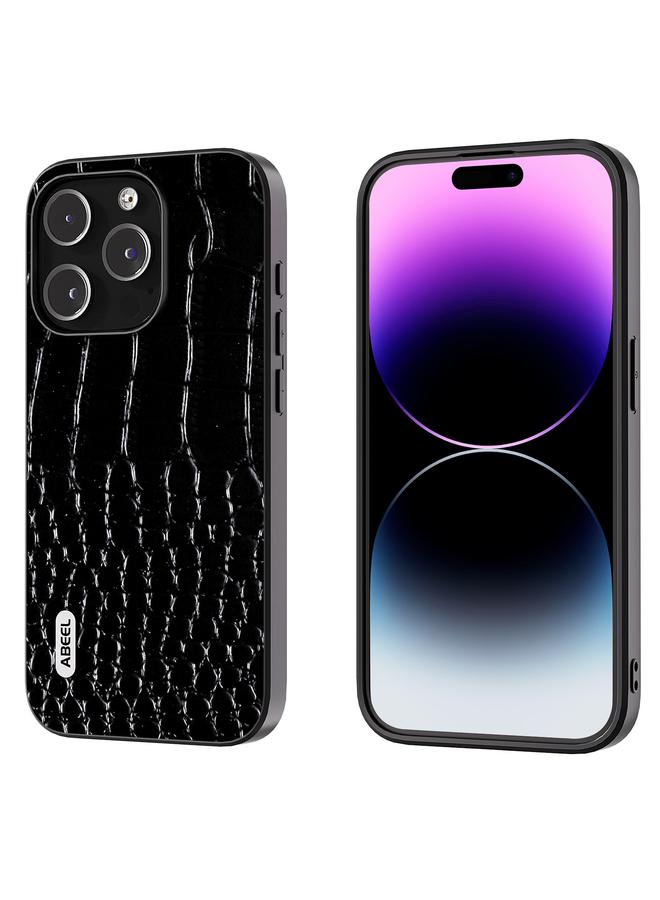 اس-توب جراب هاتف من الجلد الطبيعي بتصميم جلد التمساح من ABEEL لهاتف iPhone 15 Pro، بحافة سوداء - Image 1