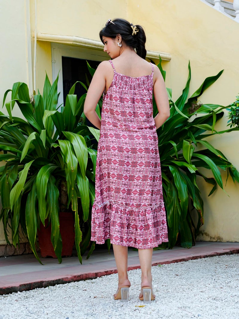 Yash Gallery Women’s Cotton Blend Geometric Print Adjustable Spaghetti Straps A-Line Midi Dress Brunch, Office, Daily Outings & Festive Spring Fashion (Multi) Multicolour - Image 4