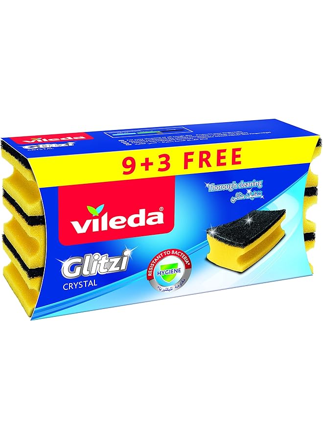 فيليدا اسفنجة غسيل الأطباق جليتزي 9 بلس 3 قطع إسفنجة عالية الرغوة للأوساخ الصلبة للأطباق ذات الجانب الكاشطة تزيل الأوساخ المجففة العنيدة ولها تأثير مضاد للبكتيريا. - Image 1