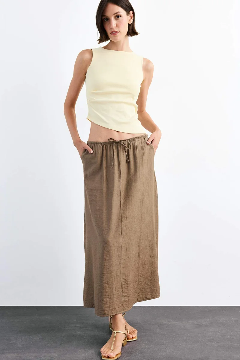 Defacto Relax Fit Crinkle Fabric Elastic Band Ankle Length Skirt