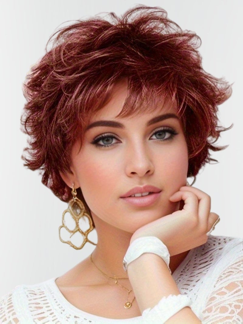 TISHINING Short Ombre Red Curly Wigs for White Women Layered Red Mixed Brown Pixie Cut Wig with Bangs Synthetic Natural Looking Daily Party Wig 6 Inch - Image 2