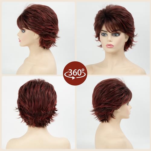 TISHINING Short Ombre Red Curly Wigs for White Women Layered Red Mixed Brown Pixie Cut Wig with Bangs Synthetic Natural Looking Daily Party Wig 6 Inch - Image 3