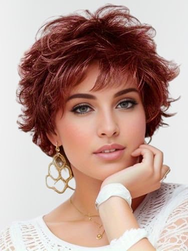TISHINING Short Ombre Red Curly Wigs for White Women Layered Red Mixed Brown Pixie Cut Wig with Bangs Synthetic Natural Looking Daily Party Wig 6 Inch - Image 1