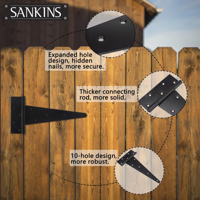 Sankins 12 Inch T-Strap Shed Door Hinges Heavy Duty  Black Tee Hinge For Wooden Fences  Yard Door  Barn Door Gates  Wrought Hardware Rustproof  2Pcs - Image 4
