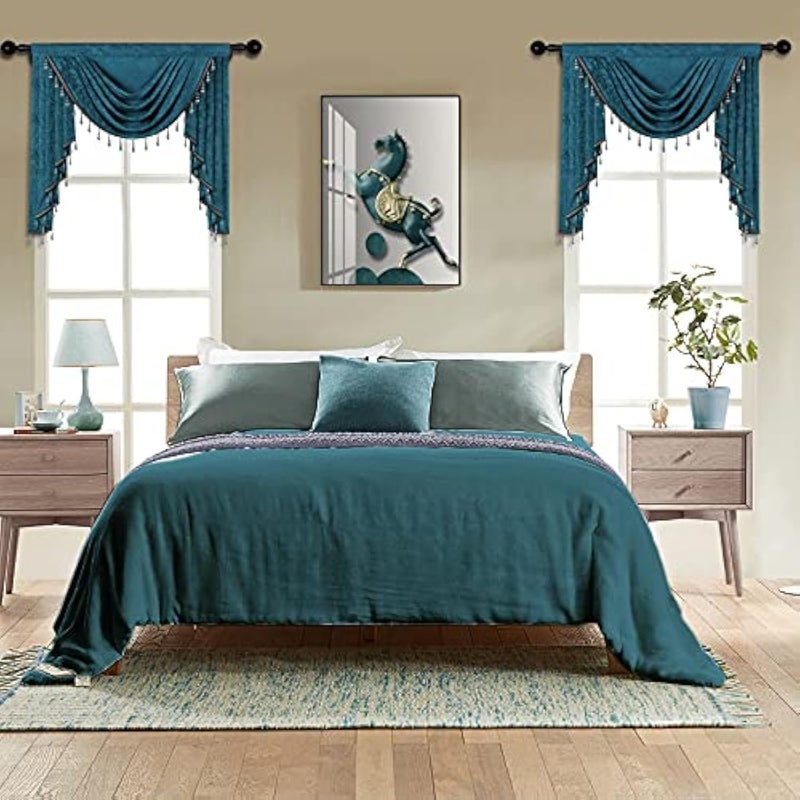 ELKCA Thick Chenille Window Curtains Valance for Living Room Peacock Blue Swag Valance with Beads for BedroomRod Pocket W39inch1 Panel
