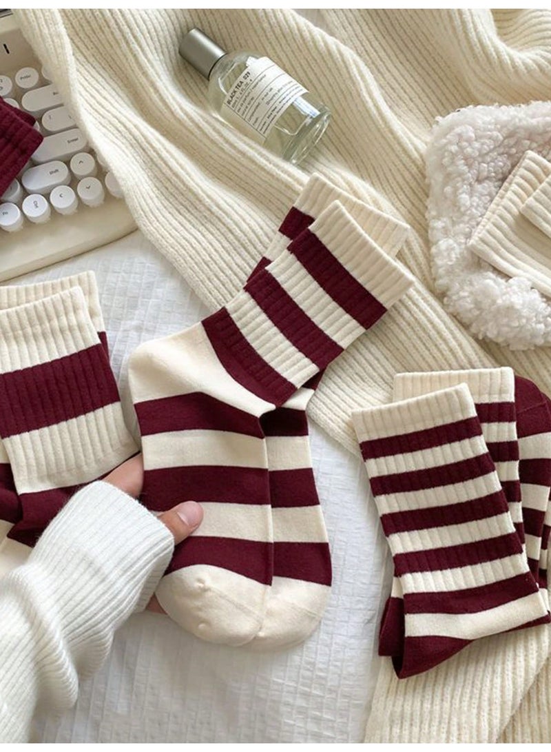 Socks For Women 5 Pairs Women Breathable Cotton Crew Socks Striped and Bowknot Burgundy Beige Socks Size 36-39 - Image 3