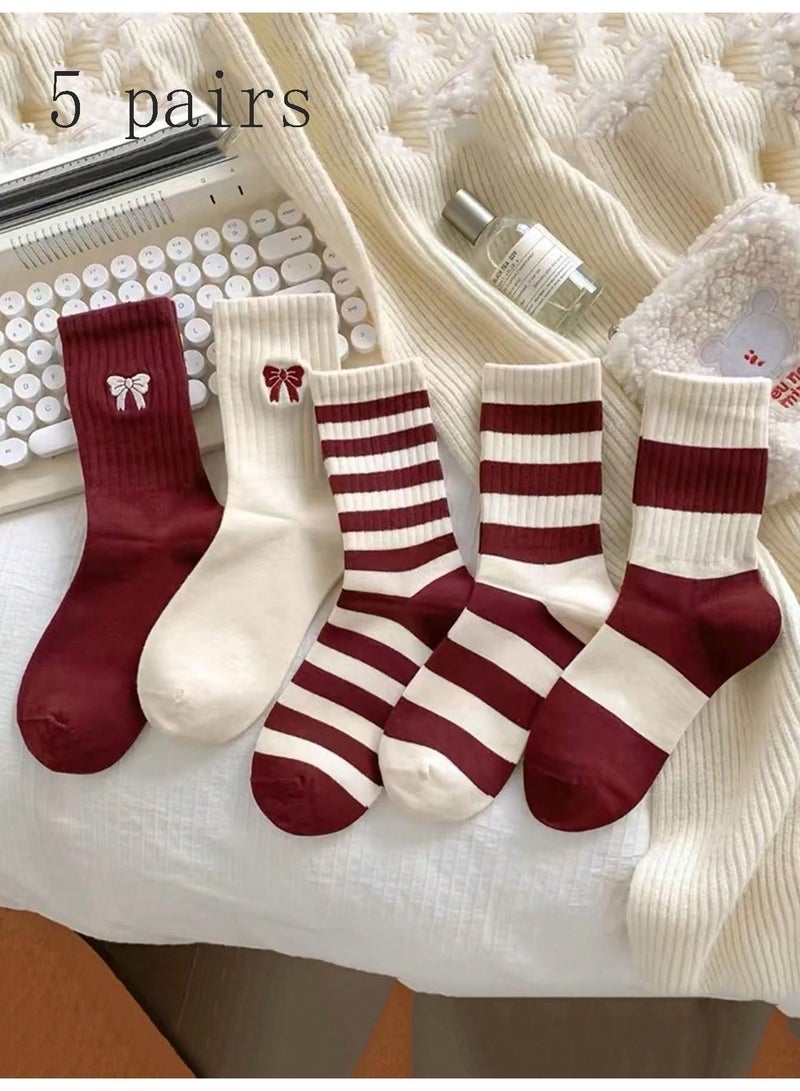 Socks For Women 5 Pairs Women Breathable Cotton Crew Socks Striped and Bowknot Burgundy Beige Socks Size 36-39 - Image 2