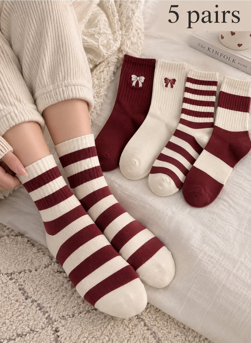 Socks For Women 5 Pairs Women Breathable Cotton Crew Socks Striped and Bowknot Burgundy Beige Socks Size 36-39 - Image 1