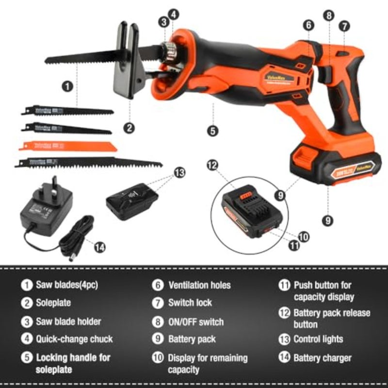 ValueMax 20 V Cordless Reciprocating Saw with Two 2.0 Ah Batteries, LED Work Light, Tool-Free Blade Change, 4 High-Quality Saw Blades, UK Plug Charger, Portable for Wood, Metal, and PVC Cutting - Image 4