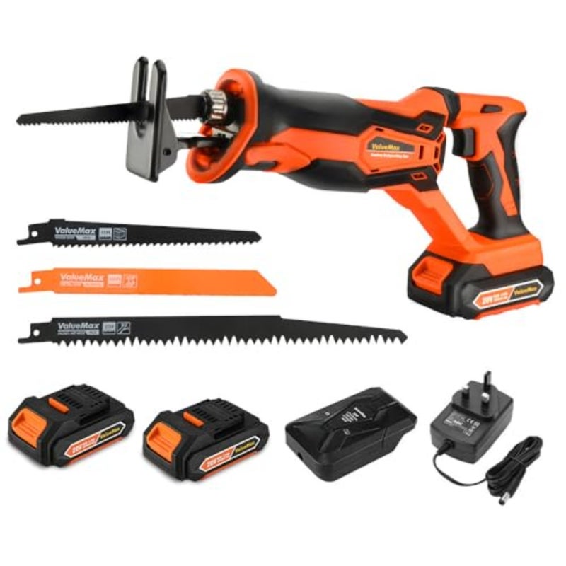 ValueMax 20 V Cordless Reciprocating Saw with Two 2.0 Ah Batteries, LED Work Light, Tool-Free Blade Change, 4 High-Quality Saw Blades, UK Plug Charger, Portable for Wood, Metal, and PVC Cutting - Image 1