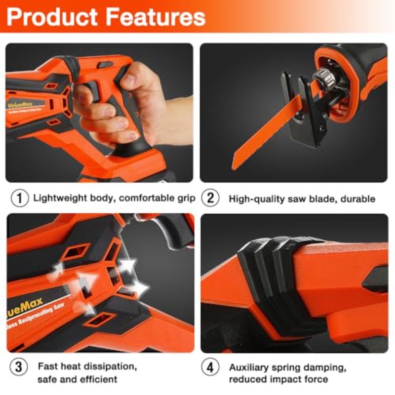 ValueMax 20 V Cordless Reciprocating Saw with Two 2.0 Ah Batteries, LED Work Light, Tool-Free Blade Change, 4 High-Quality Saw Blades, UK Plug Charger, Portable for Wood, Metal, and PVC Cutting - Image 5