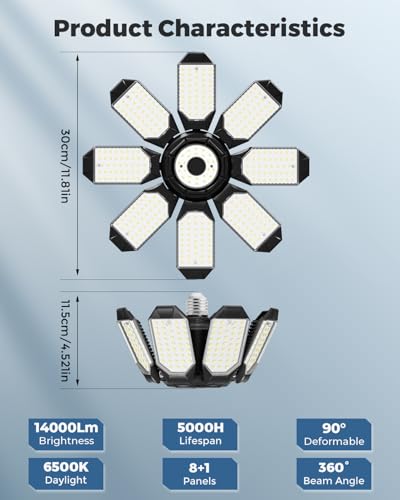 Adiding LED Garage Ceiling Lights 2 Pack w 81 Adjustable Panel Super Bright 28000LM Deformable Basement Light Bulb Fixture Screw in E26 Socket Base for Indoor Workshop Attic Gym Bay Laundry Utility - Image 3