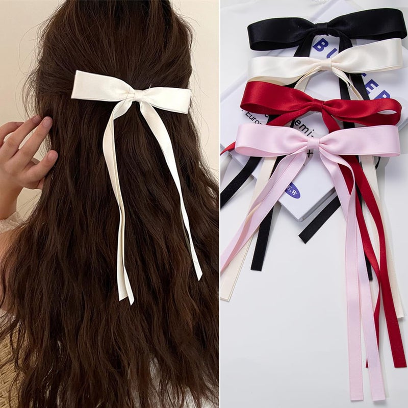 4 PCS Bowknot Hair Clips with Long Tails  Ribbon Barrettes and Bow Clips for Women in Black Cream White Pink Wine Red