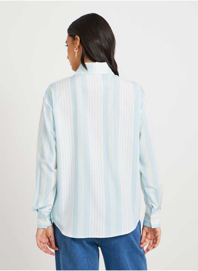 Take Two Striped Embroidered Pocket Detail Oversized Shirt  - Image 4