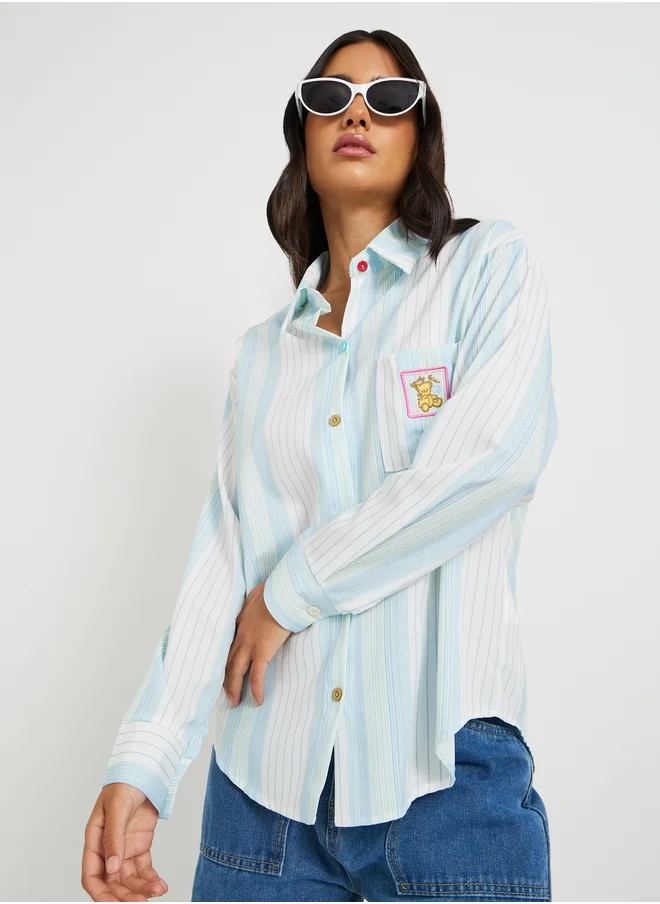 ستايلي Striped Embroidered Pocket Detail Oversized Shirt