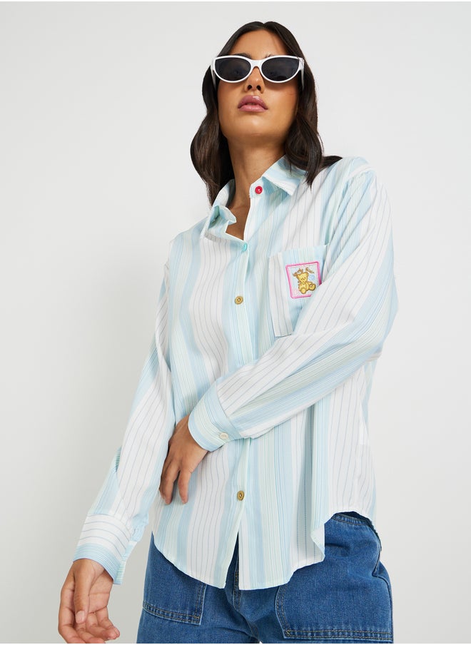 Take Two Striped Embroidered Pocket Detail Oversized Shirt  - Image 1
