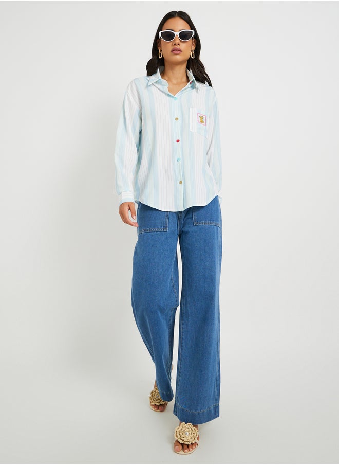 Take Two Striped Embroidered Pocket Detail Oversized Shirt  - Image 2